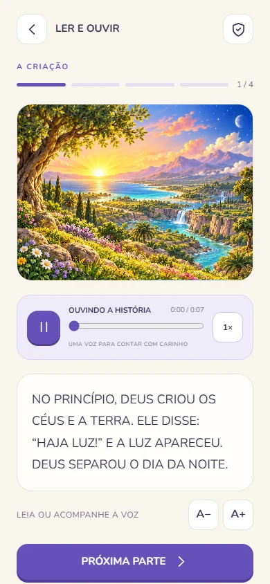 Tela real do aplicativo com ilustração colorida, leitura e botão de áudio