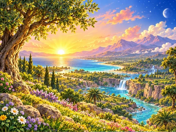 Ilustração colorida da criação com rio, árvores e amanhecer