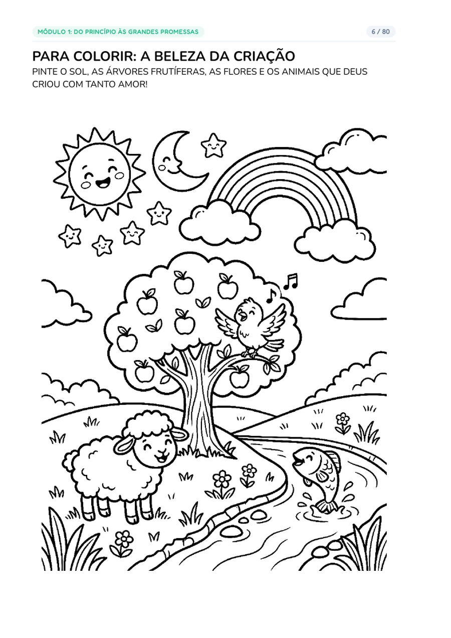 Página 6 do livro: ilustração em preto e branco da criação para a criança colorir