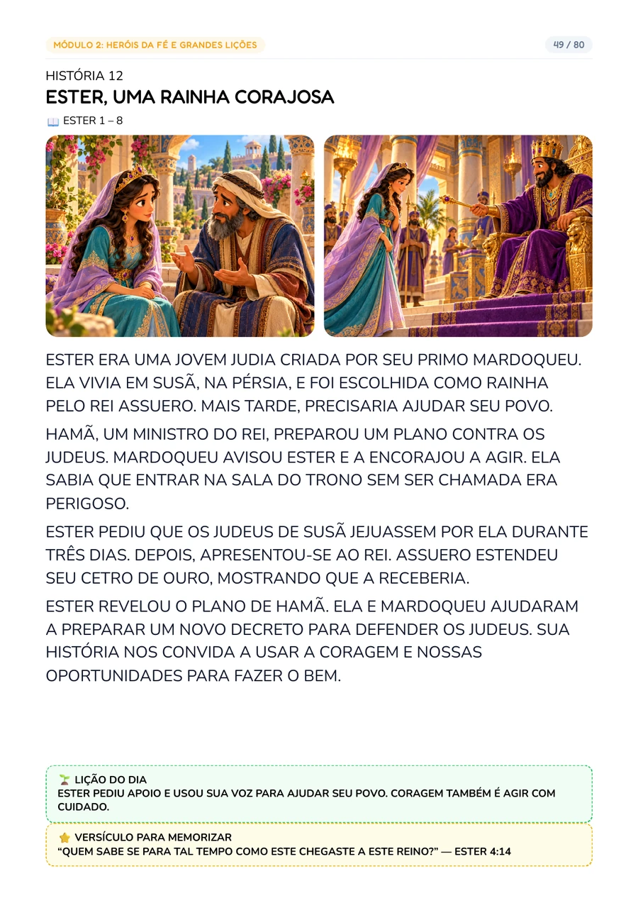 Página real de Ester com duas cenas coloridas e texto em letras maiúsculas
