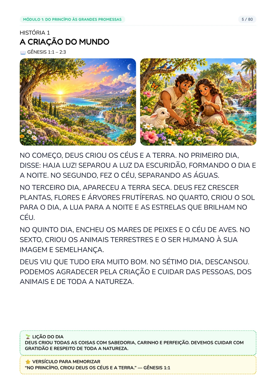 Página 5 do livro colorido: a criação, duas ilustrações, texto em letras maiúsculas, lição e versículo